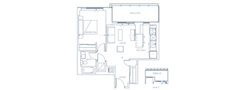 A floor plan of a house with a balcony, bedroom, living room, kitchen, bathroom, terrace, and entry.