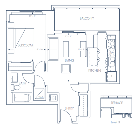A floor plan of a house with a balcony, bedroom, living room, kitchen, bathroom, terrace, and entry.
