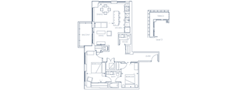 A floor plan of a house with a balcony, two bedrooms, a bathroom, a living room, a dining room, a kitchen, a powder room, and a terrace.