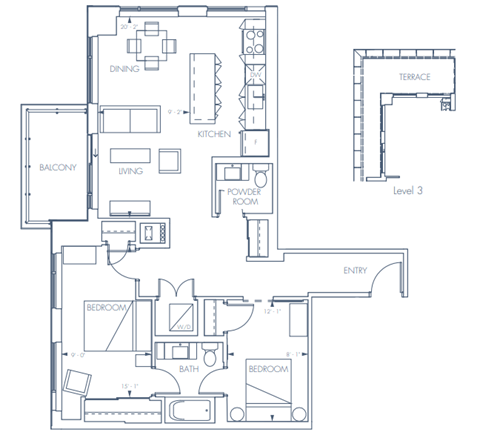 A floor plan of a house with a balcony, two bedrooms, a bathroom, a living room, a dining room, a kitchen, a powder room, and a terrace.