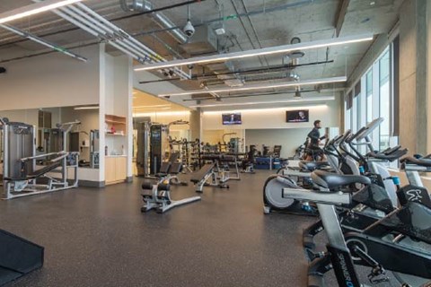 A gym with a variety of exercise equipment including treadmills, weights, and exercise machines.