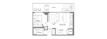 A floor plan of a small apartment with a bedroom, living room, dining area, and laundry space.