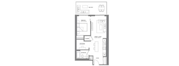 A floor plan of a small apartment with a bedroom, bathroom, laundry, dining living area, and foyer.