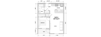 A floor plan of a 539 square foot apartment with a kitchen, bath, bedroom, living room, and deck.
