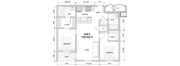 A floor plan of a 730 square foot unit with labeled rooms such as kitchen, living room, and bathroom.