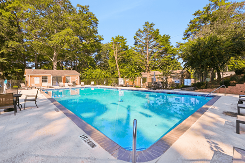 A large outdoor swimming pool surrounded by trees and benches.