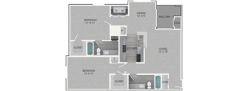 A floor plan of a two-bedroom apartment with a living room, kitchen, and balcony.