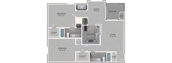 A floor plan of a house with two bedrooms, a living area, a kitchen, a dining room, a closet, a coat area, a balcony, and a storage space.