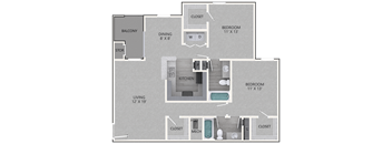 A floor plan of a house with two bedrooms, a living room, a dining room, a kitchen, a bathroom, a closet, and a storage area.