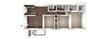 A floor plan of a house with a kitchen, living room, and two bedrooms.
