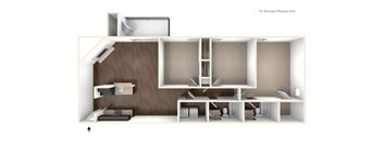 A 3D rendered image of a room with furniture and a calendar on the wall.