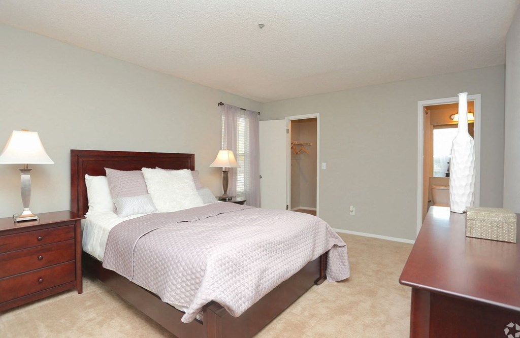 a bedroom with a bed and a dresser and a closet