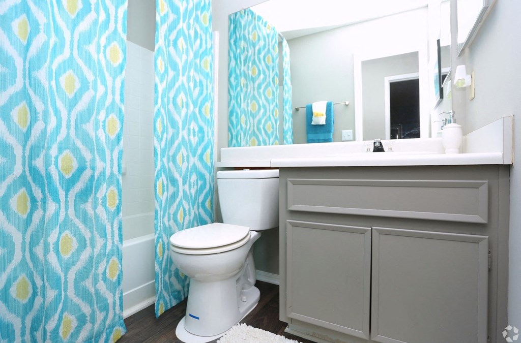 a bathroom with a shower curtain and a toilet and a sink