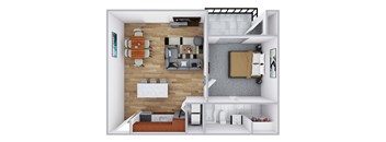 A top down view of a modern apartment with a living room, kitchen, and bedroom.