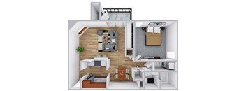 A 3D floor plan of a small apartment with a living room, kitchen, and bedroom.