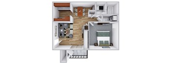 A top down view of a small apartment with a living room, kitchen, and bedroom.