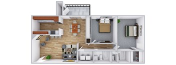 A 3D floor plan of a small apartment with a kitchen, living room, and bedroom.