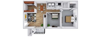 A 3D floor plan of a small apartment with a kitchen, living room, and bedroom.