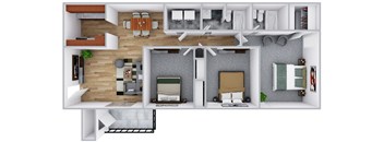 A top-down view of a modern apartment layout with a living room, kitchen, and bedroom.