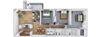 A 3D floor plan of a small apartment with a kitchen, living room, and bedroom.