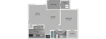 A floor plan of a home with a living room, dining room, kitchen, bedroom, and closet.