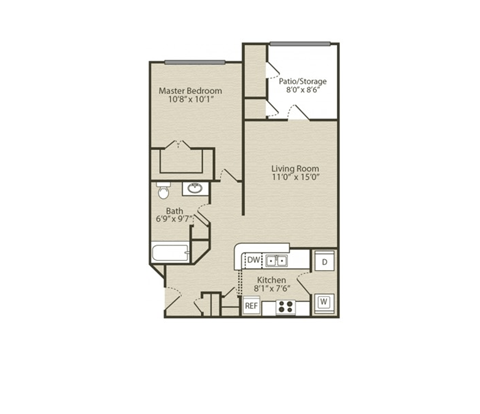 A floor plan of a small apartment with a living room, kitchen, bathroom, and two bedrooms.