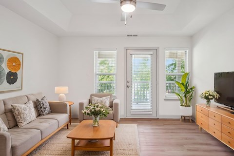A living room with a grey couch, a wooden coffee table, a television, and a painting on the wall.