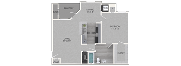 A floor plan of a house with a living room, dining room, kitchen, bedroom, and bathroom.