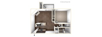 A 3D illustration of a small apartment with a bed, desk, and kitchenette.