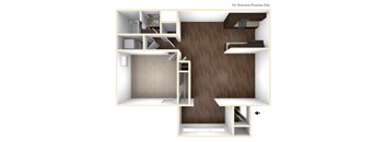 A drawing of a room with a bed, desk, and closet.