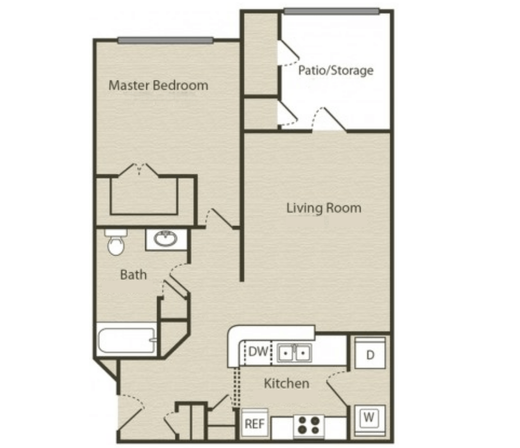 A floor plan of a house showing a master bedroom, a living room, a bathroom, a kitchen, and a patio/storage area.