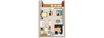 A detailed floor plan of a two-story apartment with various rooms and furniture layouts.