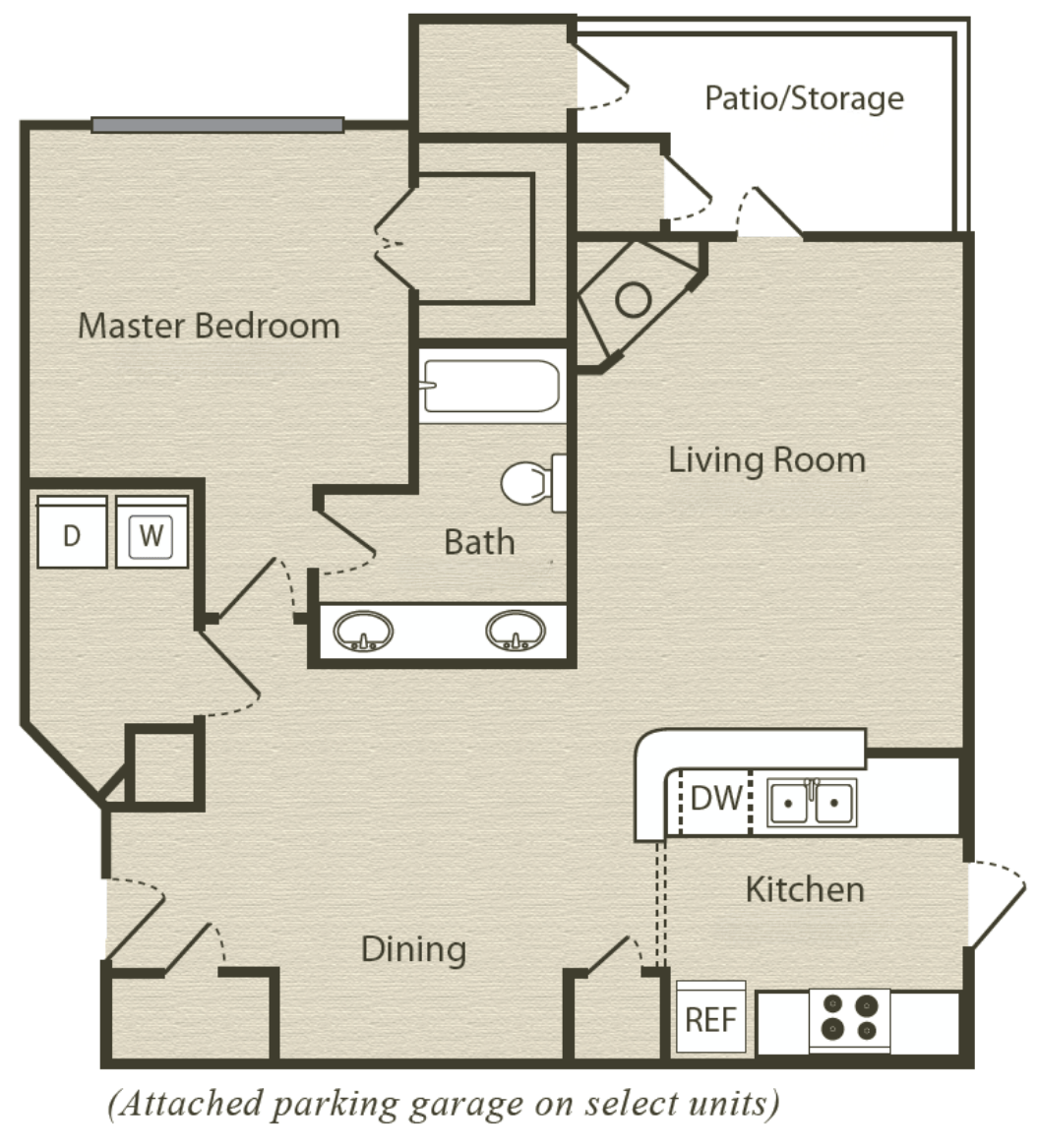 A floor plan of an apartment with a master bedroom, living room, kitchen, dining area, and bathroom.