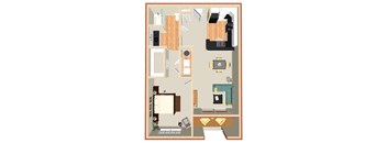A floor plan of a house with a kitchen, living room, and bathroom.