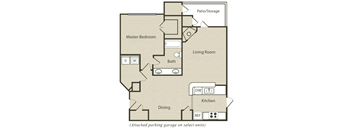 A floor plan of an apartment with a master bedroom, living room, kitchen, and dining area.