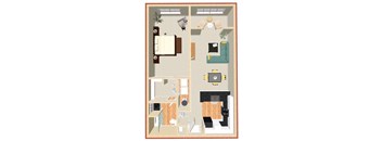 A floor plan of a two-story apartment with a living room, kitchen, and bedrooms.