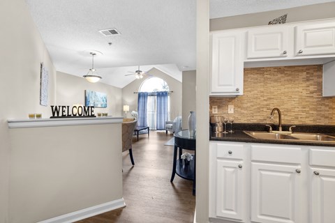 A kitchen area with a sink and a counter.