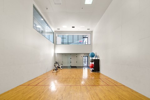 A room with a wooden floor and a large mirror on the wall.