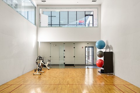 A gym with a wooden floor and exercise equipment.