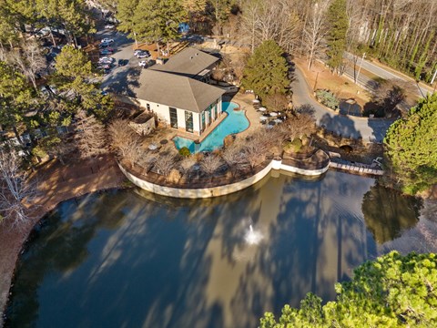 A house with a pool is surrounded by trees.