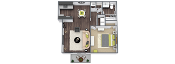 A top-down view of a living room with a couch, coffee table, and television.