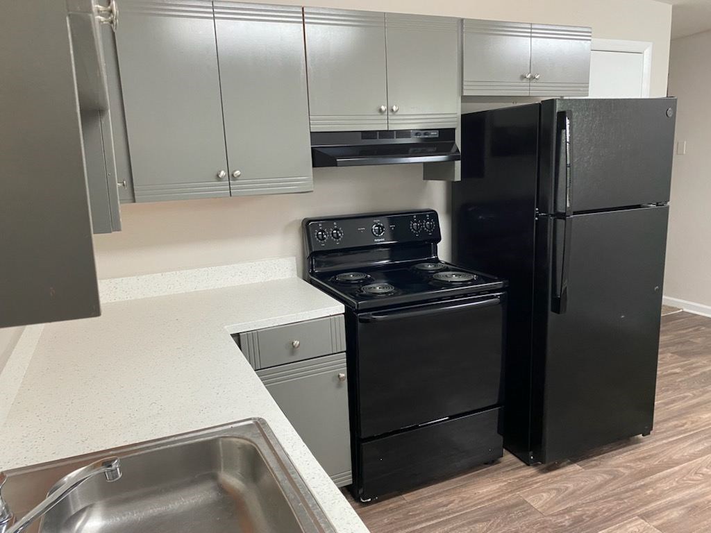 A black refrigerator is in a kitchen with a stove and sink.