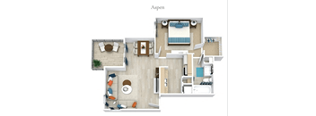 A floor plan of a house named Aspen with various rooms and furniture.