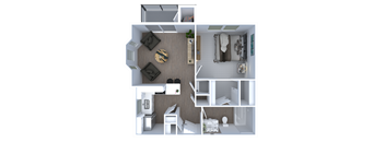 A 3D floor plan of a small apartment with a kitchen, living room, and bathroom.