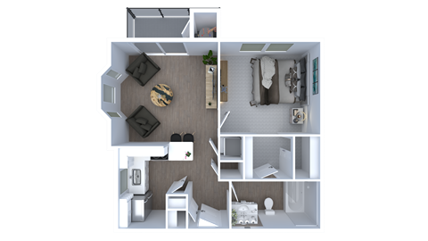 A 3D floor plan of a small apartment with a kitchen, living room, and bathroom.