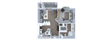 A top-down view of a small apartment with a kitchen, living room, and bedroom.