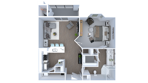 A top-down view of a small apartment with a kitchen, living room, and bedroom.