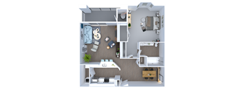 A top-down view of a small apartment with a kitchen, living room, and bedroom.