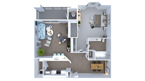 A top-down view of a small apartment with a kitchen, living room, and bedroom.