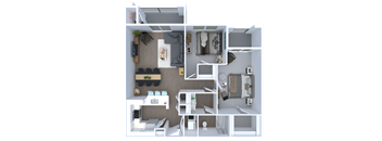 A 3D floor plan of a small apartment with a kitchen, living room, and bathroom.